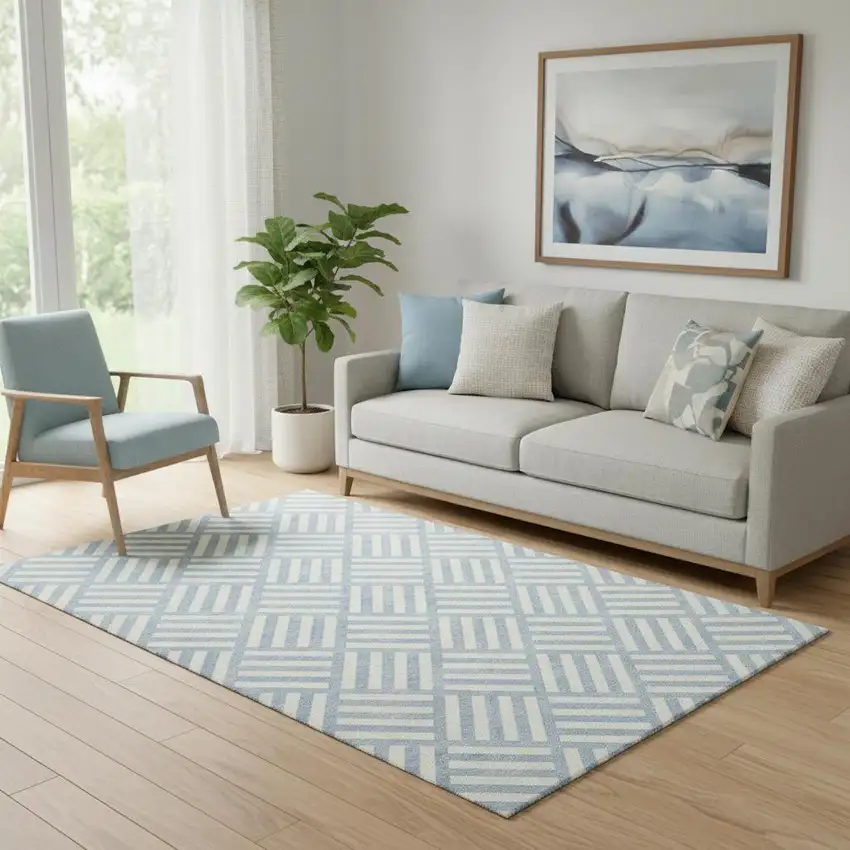 Sky Blue And Ivory Geometric Washable Area Rug With UV Protection Photo 1