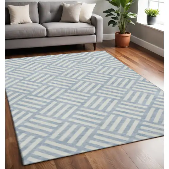 Sky Blue And Ivory Geometric Washable Area Rug With UV Protection Photo 2