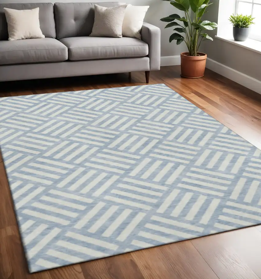 Sky Blue And Ivory Geometric Washable Area Rug With UV Protection Photo 2