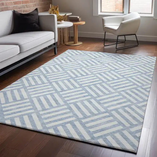 Sky Blue And Ivory Geometric Washable Area Rug With UV Protection Photo 7