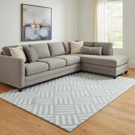 Sky Blue And Ivory Geometric Washable Area Rug With UV Protection Photo 1