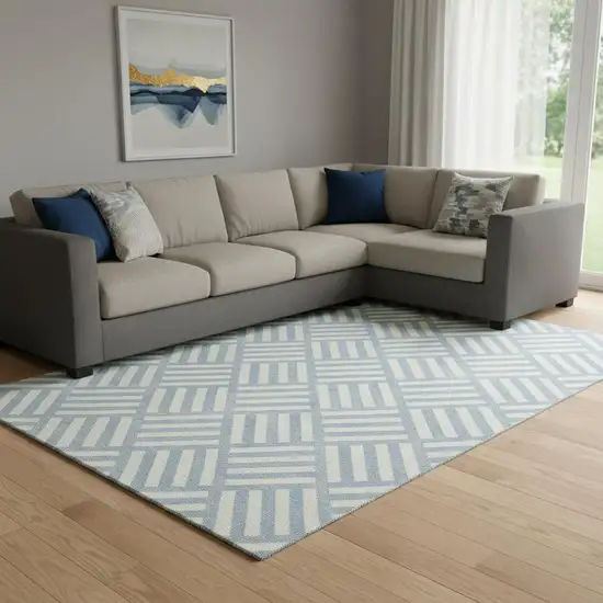 Sky Blue And Ivory Geometric Washable Area Rug With UV Protection Photo 1