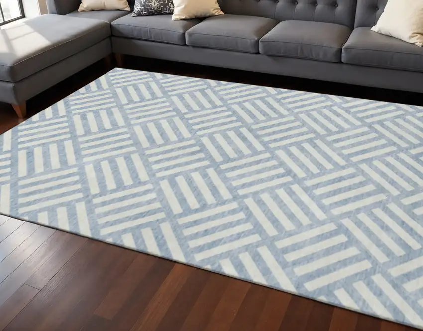 Sky Blue And Ivory Geometric Washable Area Rug With UV Protection Photo 2