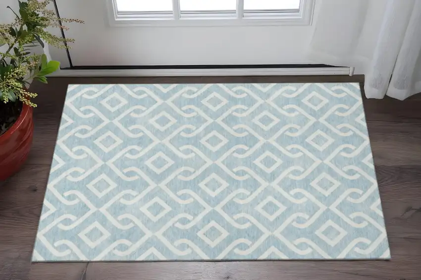Sky Blue And Ivory Geometric Washable Area Rug With UV Protection Photo 2