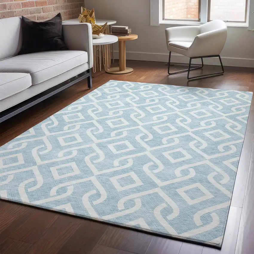 Sky Blue And Ivory Geometric Washable Area Rug With UV Protection Photo 5