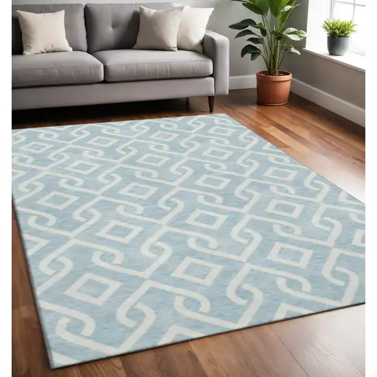 Sky Blue And Ivory Geometric Washable Area Rug With UV Protection Photo 2