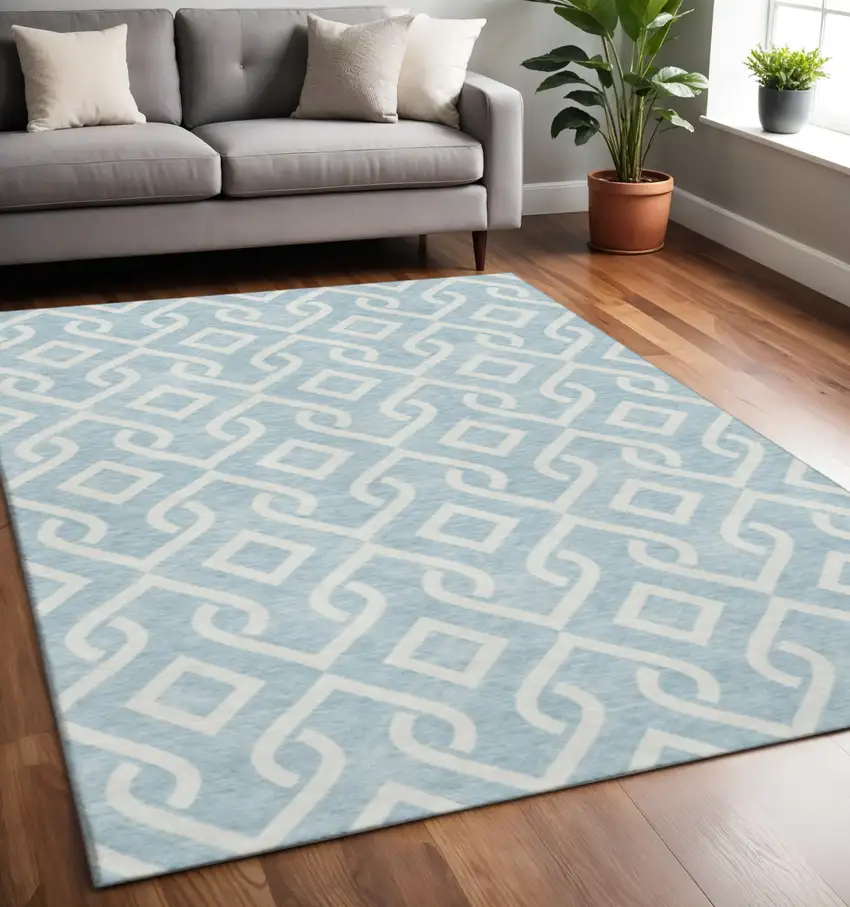 Sky Blue And Ivory Geometric Washable Area Rug With UV Protection Photo 2