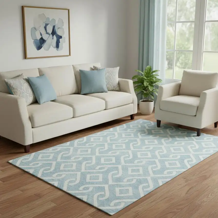 Sky Blue And Ivory Geometric Washable Area Rug With UV Protection Photo 1