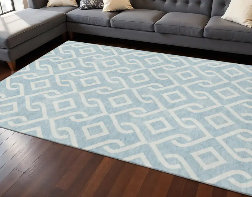 Sky Blue And Ivory Geometric Washable Area Rug With UV Protection Photo 2