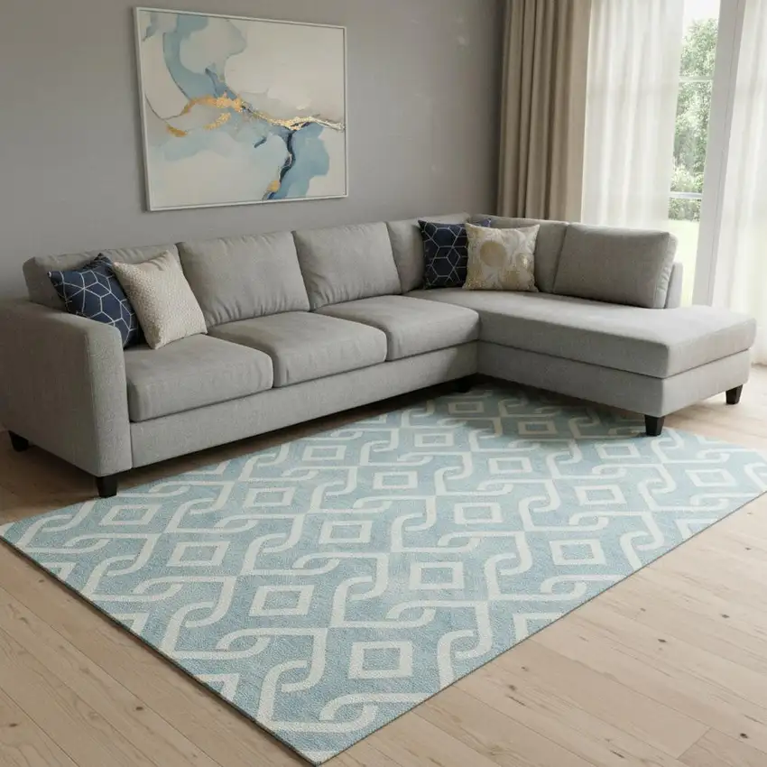 Sky Blue And Ivory Geometric Washable Area Rug With UV Protection Photo 1
