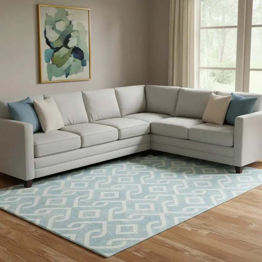 Sky Blue And Ivory Geometric Washable Area Rug With UV Protection Photo 1