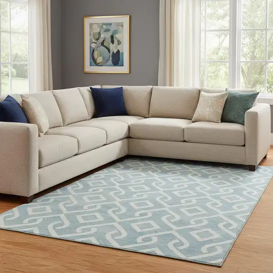 Sky Blue And Ivory Geometric Washable Area Rug With UV Protection Photo 1