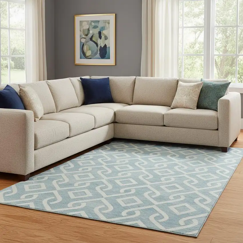 Sky Blue And Ivory Geometric Washable Area Rug With UV Protection Photo 1