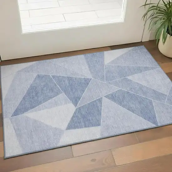 Sky Blue And Ivory Geometric Washable Area Rug With UV Protection Photo 1
