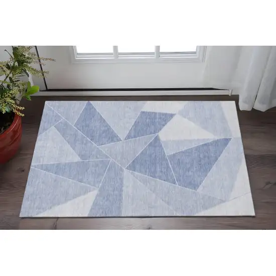 Sky Blue And Ivory Geometric Washable Area Rug With UV Protection Photo 2
