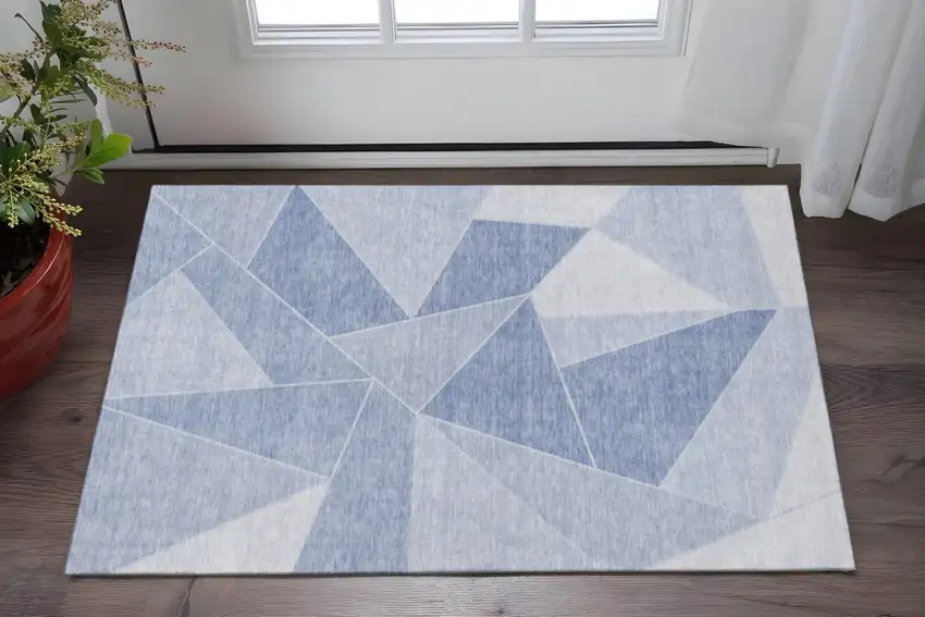 Sky Blue And Ivory Geometric Washable Area Rug With UV Protection Photo 2