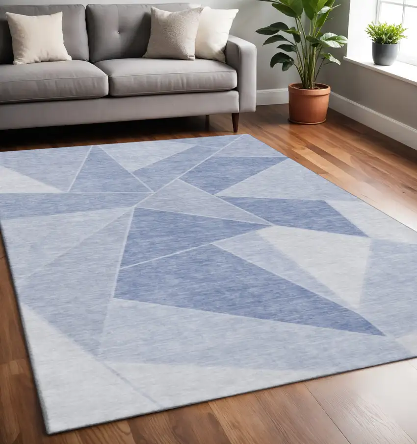 Sky Blue And Ivory Geometric Washable Area Rug With UV Protection Photo 2