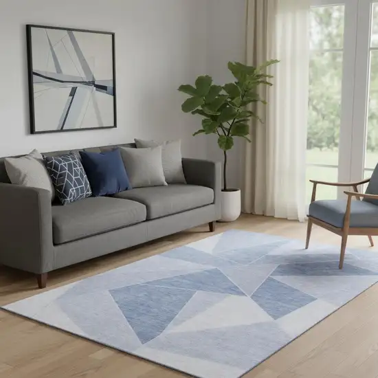 Sky Blue And Ivory Geometric Washable Area Rug With UV Protection Photo 1