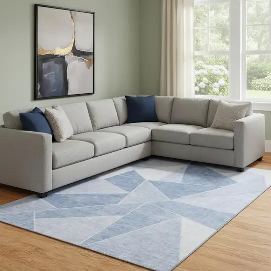 Sky Blue And Ivory Geometric Washable Area Rug With UV Protection Photo 1