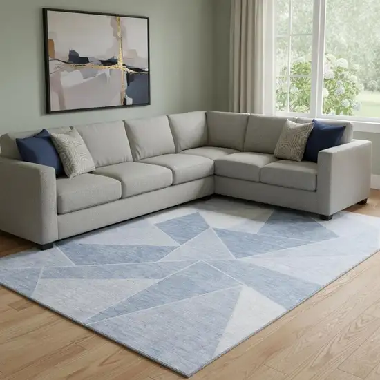 Sky Blue And Ivory Geometric Washable Area Rug With UV Protection Photo 1