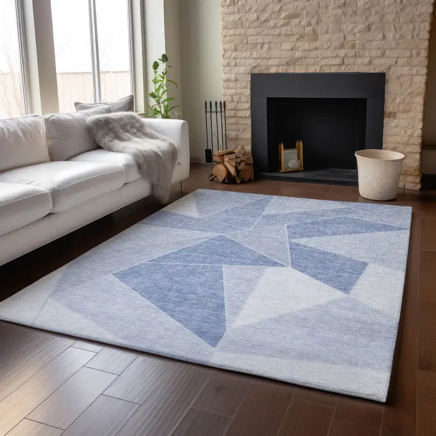 Sky Blue And Ivory Geometric Washable Area Rug With UV Protection Photo 5
