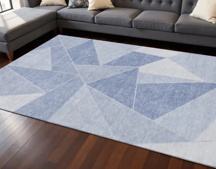 Sky Blue And Ivory Geometric Washable Area Rug With UV Protection Photo 2