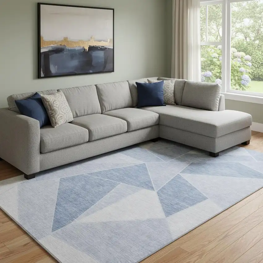 Sky Blue And Ivory Geometric Washable Area Rug With UV Protection Photo 1
