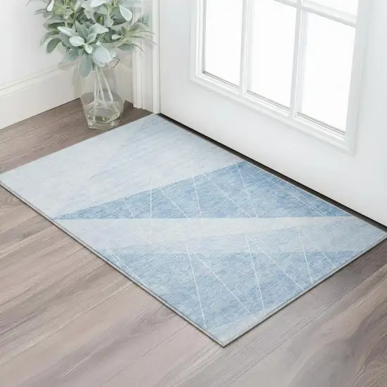 Sky Blue And Ivory Geometric Washable Area Rug With UV Protection Photo 2