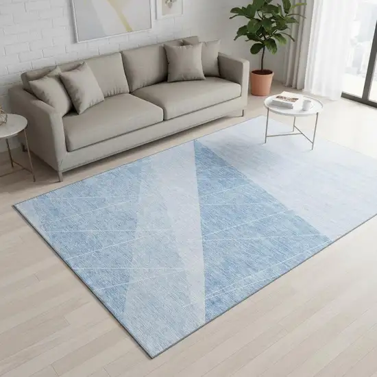 Sky Blue And Ivory Geometric Washable Area Rug With UV Protection Photo 1