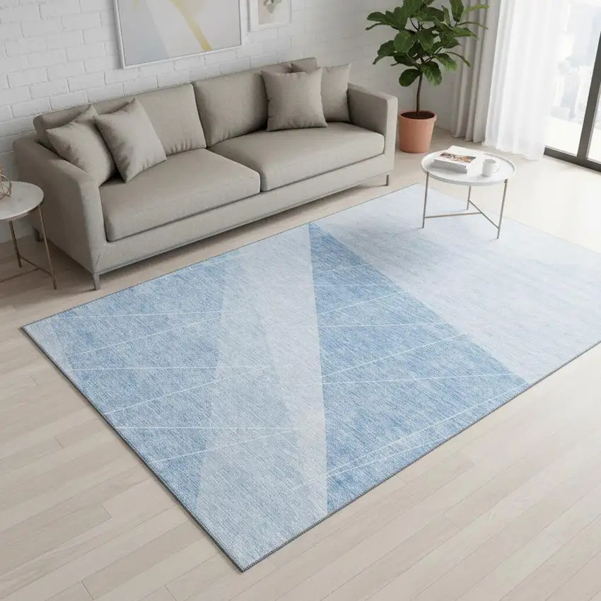 Sky Blue And Ivory Geometric Washable Area Rug With UV Protection Photo 1