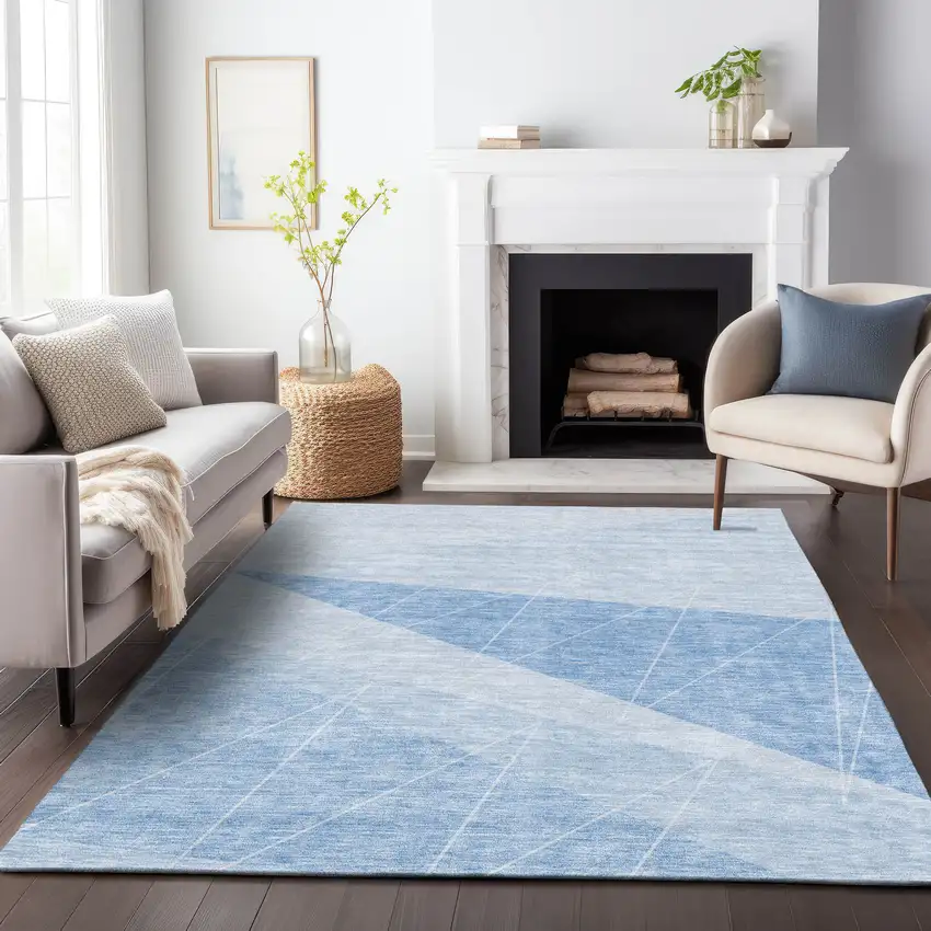 Sky Blue And Ivory Geometric Washable Area Rug With UV Protection Photo 5