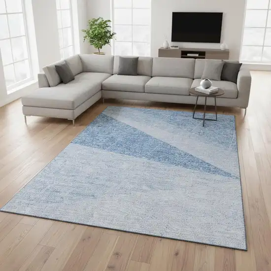 Sky Blue And Ivory Geometric Washable Area Rug With UV Protection Photo 1