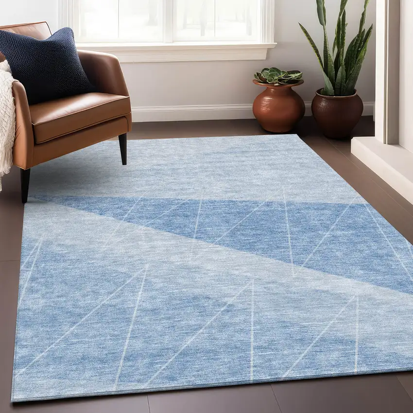 Sky Blue And Ivory Geometric Washable Area Rug With UV Protection Photo 4
