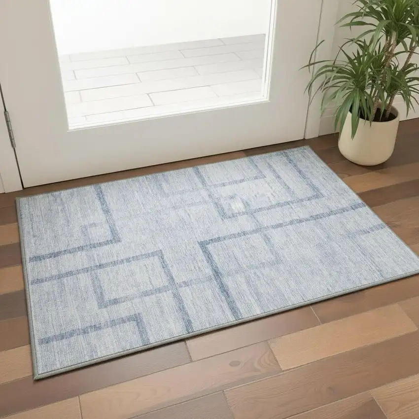Sky Blue And Ivory Geometric Washable Area Rug With UV Protection Photo 2