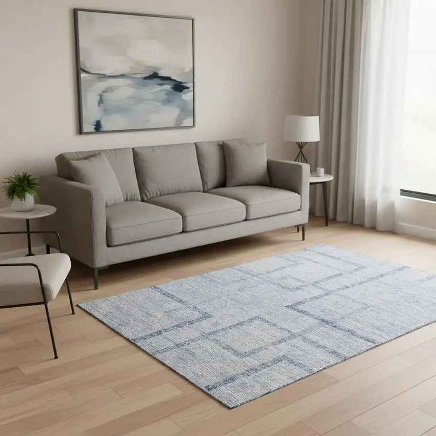 Sky Blue And Ivory Geometric Washable Area Rug With UV Protection Photo 2