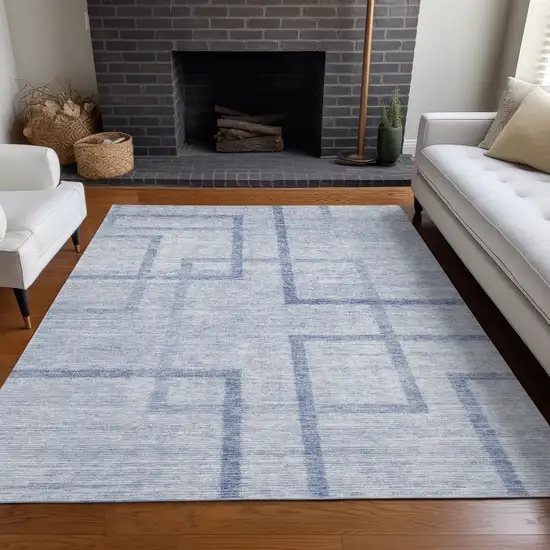 Sky Blue And Ivory Geometric Washable Area Rug With UV Protection Photo 5