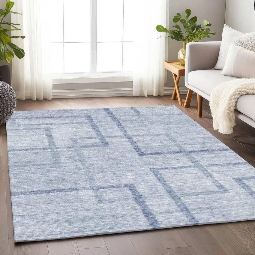 Sky Blue And Ivory Geometric Washable Area Rug With UV Protection Photo 6