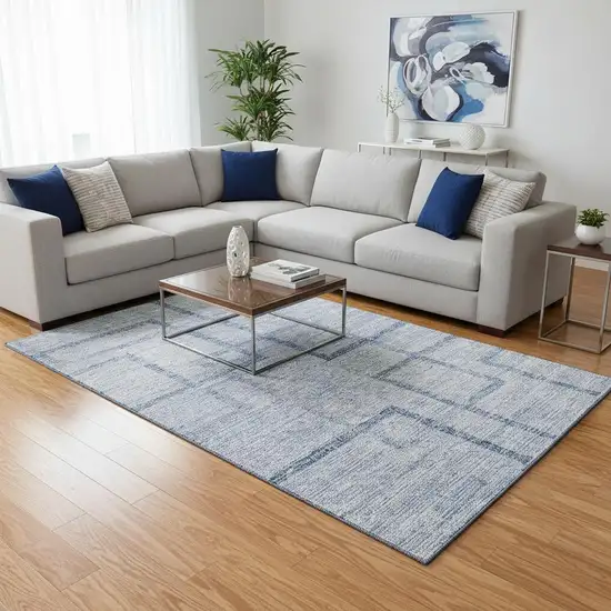 Sky Blue And Ivory Geometric Washable Area Rug With UV Protection Photo 2