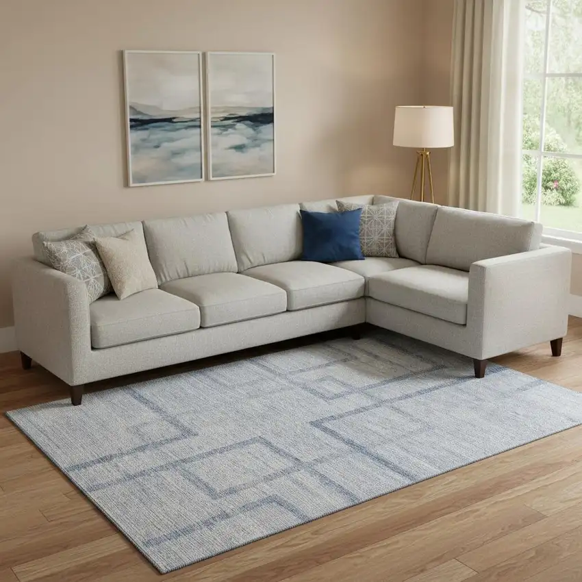Sky Blue And Ivory Geometric Washable Area Rug With UV Protection Photo 1