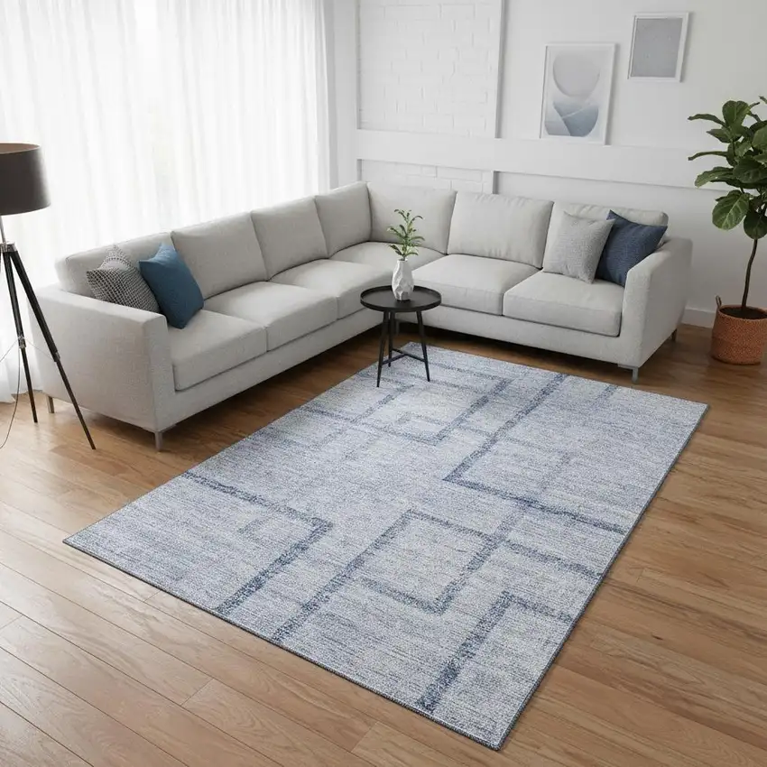 Sky Blue And Ivory Geometric Washable Area Rug With UV Protection Photo 2