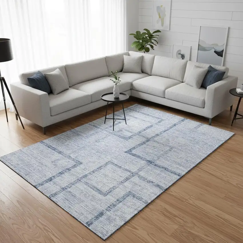 Sky Blue And Ivory Geometric Washable Area Rug With UV Protection Photo 2