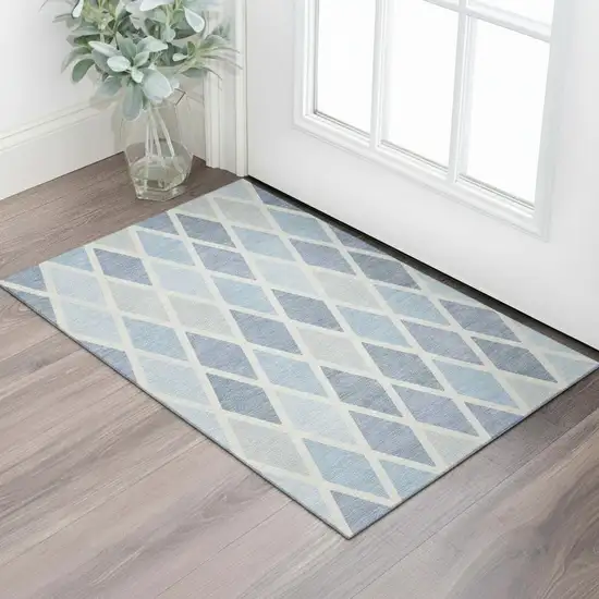 Sky Blue And Ivory Geometric Washable Area Rug With UV Protection Photo 1