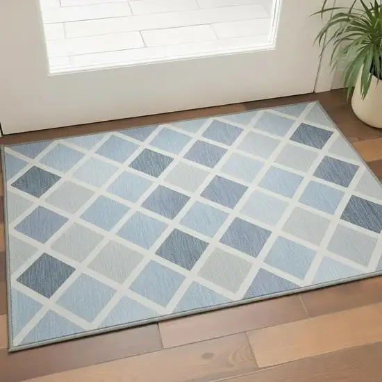 Sky Blue And Ivory Geometric Washable Area Rug With UV Protection Photo 2