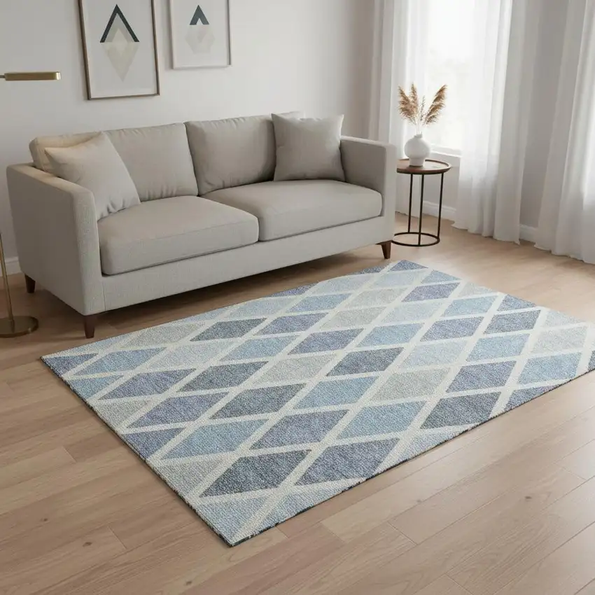 Sky Blue And Ivory Geometric Washable Area Rug With UV Protection Photo 2