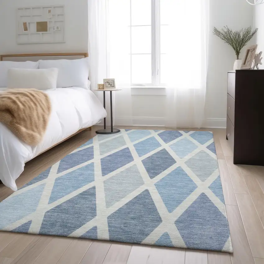 Sky Blue And Ivory Geometric Washable Area Rug With UV Protection Photo 4