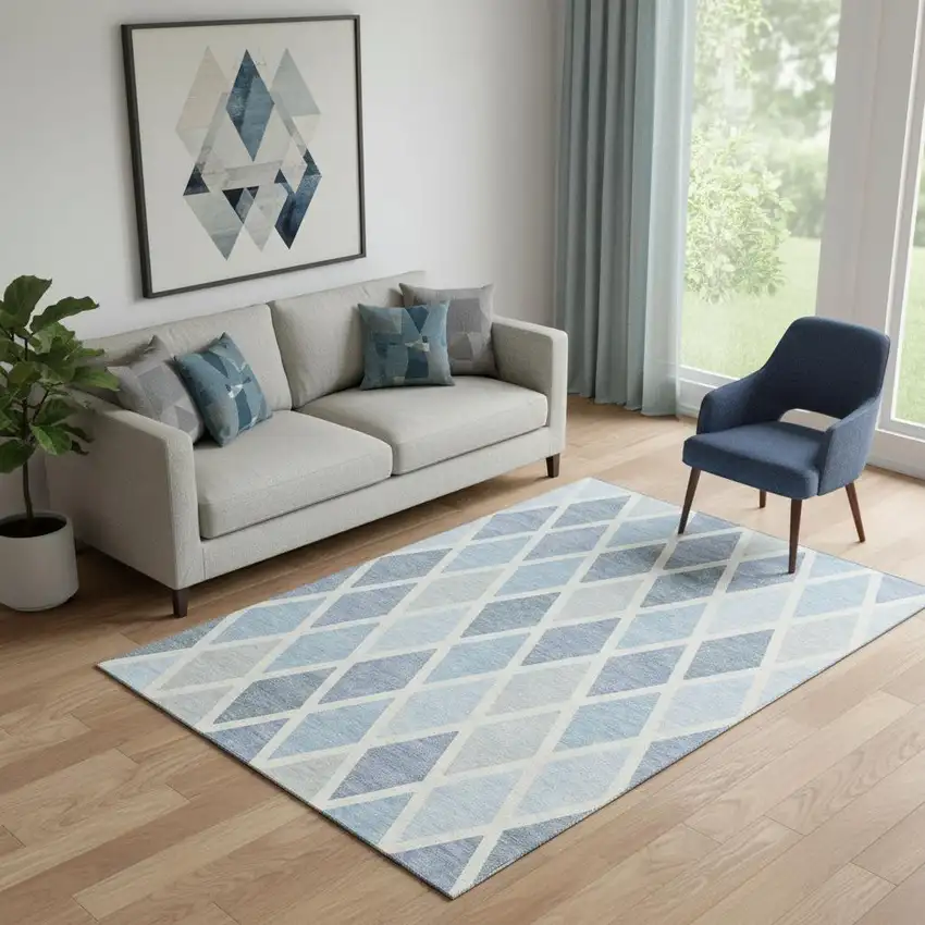 Sky Blue And Ivory Geometric Washable Area Rug With UV Protection Photo 1