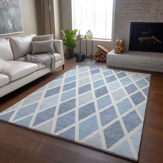 Sky Blue And Ivory Geometric Washable Area Rug With UV Protection Photo 6