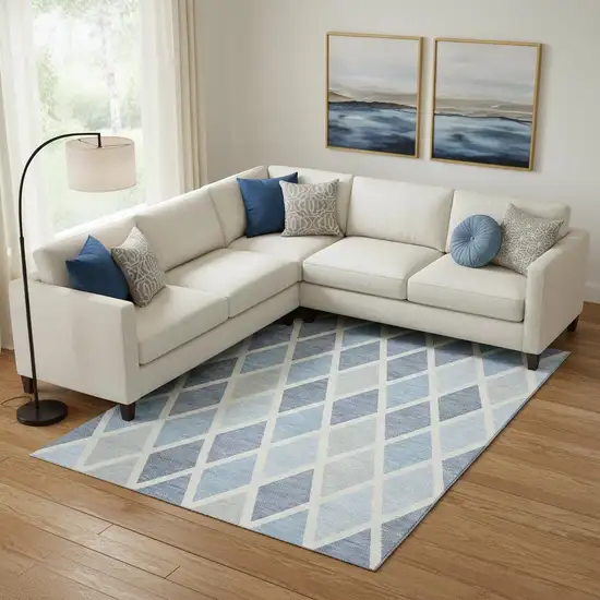 Sky Blue And Ivory Geometric Washable Area Rug With UV Protection Photo 1