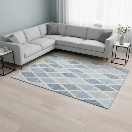 Sky Blue And Ivory Geometric Washable Area Rug With UV Protection Photo 2
