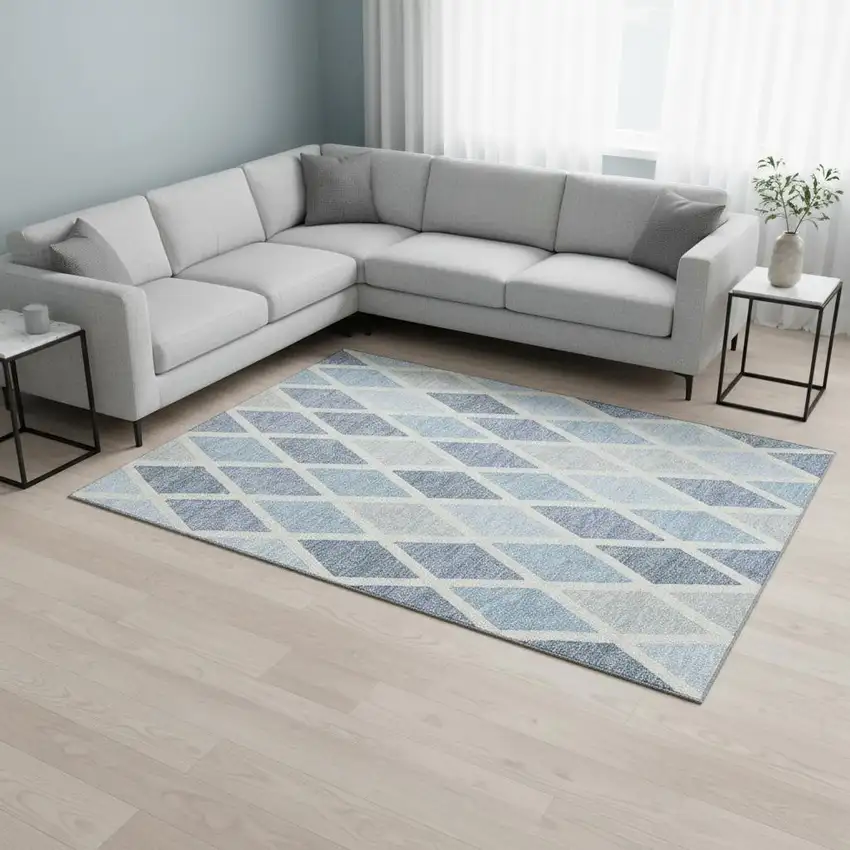 Sky Blue And Ivory Geometric Washable Area Rug With UV Protection Photo 2